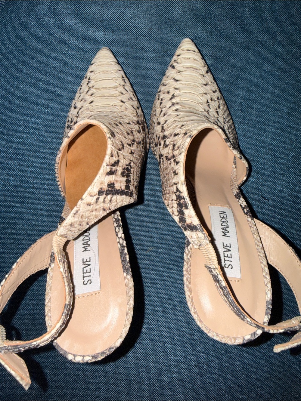 Steve Madden Beige Snake-Print Pointed-Toe Slingback Flats